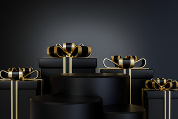 Black studio and 3 step empty cylinder podium with gift box, chirstmas concept. 3d rendering