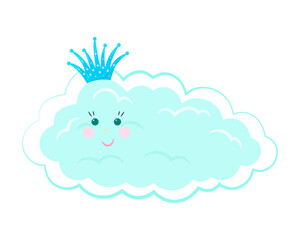 Cute cartoon cloud illustration with a crown. Funny childish character.