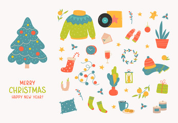 Hygge christmas. Winter holiday decor, gifts, clothing. Candle, socks and mittens, xmas home symbols, cartoon big vector set. Christmas hygge, doodle cozy things. Vector illustration in flat style
