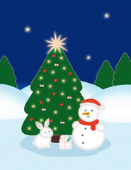 Winter picture snowman, hare, Christmas tree