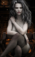 Dark elf fantasy female posing in her bed chambers with a roaring fire in the background. 3d rendering