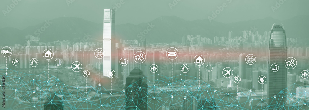 Wall mural technology internet of things wireless communication iot concept networking. modern city skyline dou