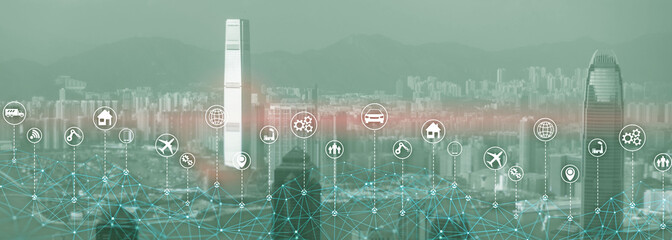 Technology Internet of things wireless communication iot concept networking. Modern city skyline double exposure mixed media.
