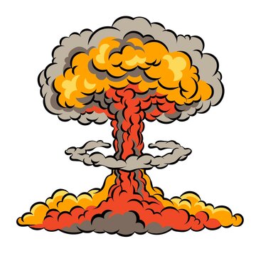 Bomb explosion mushroom cloud. A nuclear bomb test. War weapon concept. Comic vector illustration isolated on white background.