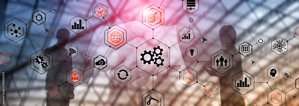 Poster gears icons engineering manufacturing automation innovation structure abstract concept.