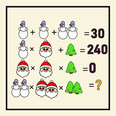 New Year's riddle. Preschool or kindergarten Christmas puzzle. Mathematical counting game for children and adult. Mathematic riddle for the mind. Riddle with numbers. Vector