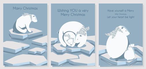Set of greeting Christmas cards with polar bears in scarves on ice.