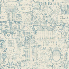 Fototapeta na wymiar Abstract seamless pattern on the theme of vintage art, furniture and Antiques. Vector background with retro sketches and drawings on a beige backdrop in grunge style. Wallpaper, wrapping paper, fabric