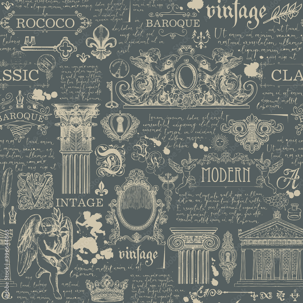 Poster seamless pattern on theme of vintage art and antiques. vector background with sketches, drawings and