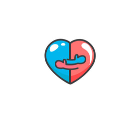 Two halves of a heart that are hugging. Warm hugs of man and woman as symbol of family. Close embrace as love logo. Banner, flyer, web poster to valentines day. Vector illustration