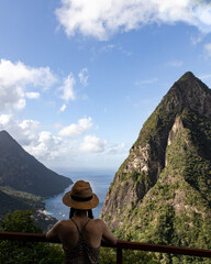 Girl Overlooks Piton and Ocean St Lucia