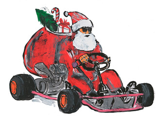 santa claus with a bag and gifts is lucky on a carting for christmas painted with watercolors