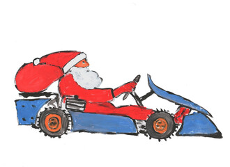 santa claus with a bag and gifts is lucky on a carting for christmas painted with watercolors