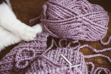 A skein of pale lilac woolen thread lies on a wooden table. Cute cat paw in the frame