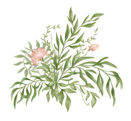 Watercolor bouquet with green summer foliage and pink flowers, branches and leaves isolated on white. Gently modern composition, floral arrangements, wedding delicate flowers