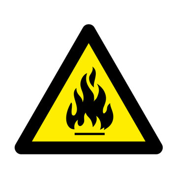 Fire warning sign in yellow triangle, isolated on white background. Flammable, inflammable substances icon. Hazard icon. Vector illustration