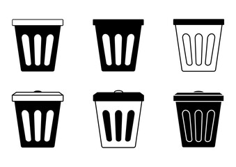 Trash bin, plastic. Collection baskets for garbage. Waste container. Trash cans in glyph for office or toilet. Simple black color icons of garbage baskets. Vector