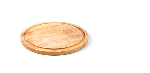 Round cutting Board isolated on a white background. Side view, panorama. Concept of culinary backgrounds.