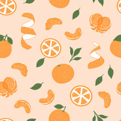 Tangerines tropical seamless pattern. Trendy hand drawn vector stylised whole fruit, twigs, leaves, slices. Repeated citrus on beige background. Orange design for web banner, wrapping, Christmas print