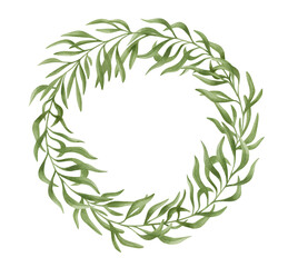 Watercolor wreath with green leaf. Floral frame with summer plant. Nature ornament. Botanical illustration for invitation, card, covers