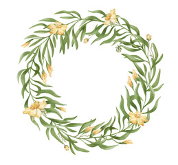Watercolor wreath with green leaf and yellow flowers. Floral frame with summer plant. Nature ornament. Botanical illustration for invitation, card, covers