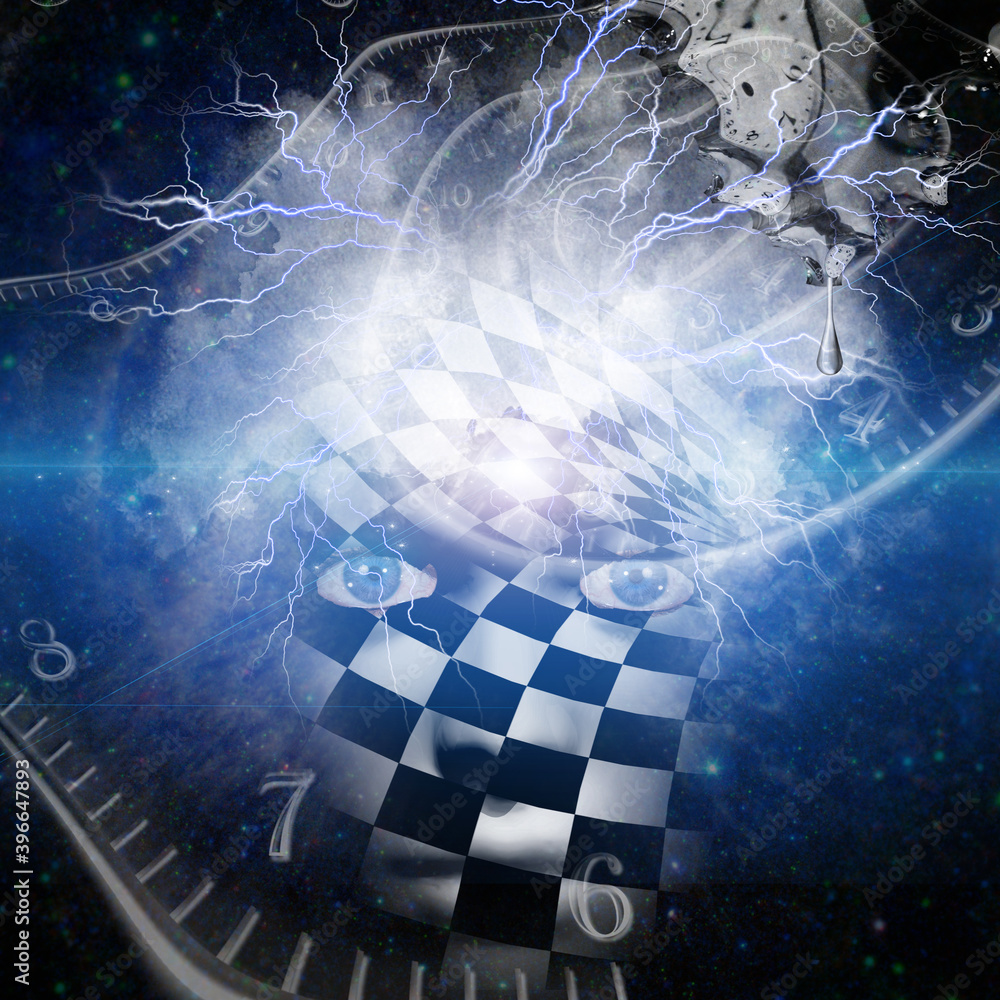 Poster mystic mask with time spirals. 3d rendering