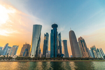 Obraz na płótnie Canvas Doha, Qatar - August 31, 2017: Panoramic view of Doha skyline at sunset.