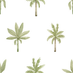 Watercolor seamless pattern with tropical palm trees. Banana palm. Gently green background with wildlife jungle elements. Cute vintage wallpaper, wrapping
