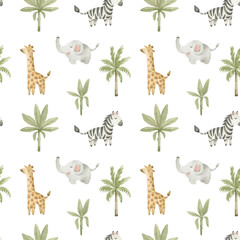 Watercolor seamless pattern with cute African animals. Elephant, giraffe, zebra, palm trees. Cute background for nursery design, baby textile © Kate K.