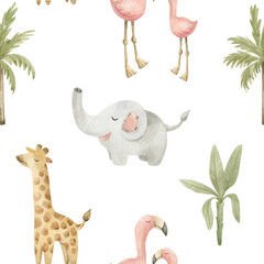 Watercolor seamless pattern with cute African animals. Elephant, giraffe, flamingo, palm trees. Cute background for nursery design, baby textile