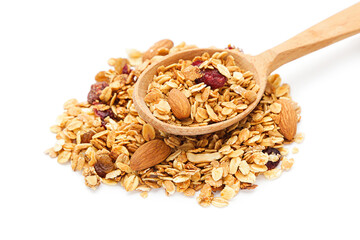 Tasty granola with wooden spoon isolated on white background