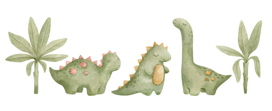 Watercolor illustration set with cute dino toys for kids. Dinosaurs, Tyrannosaurus, Brachiosaurus,  trees, palms. Nursery design elements. Hand drawn animals. Baby home decor