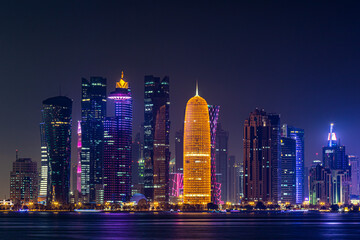 Night scene of the skyline of Doha, Qatar.