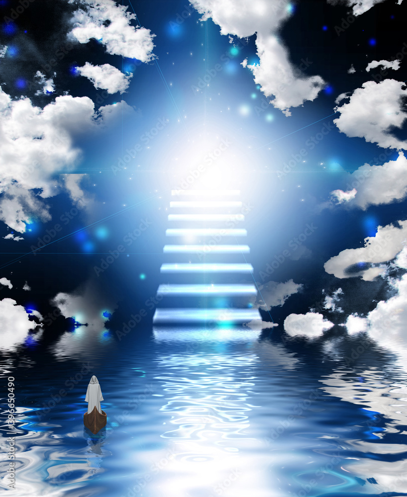 Poster Stairway to heaven. White monk in boat. 3D rendering