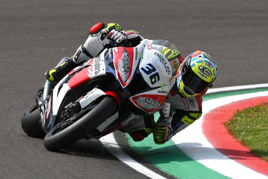San Marino Italy - May 11, 2018: Leandro Mercado ARG Kawasaki ZX-10RR Orelac Racing VerdNatura Team, in action during the Superbike Qualifying session on May 11, 2018 in Imola Circuit, Italy.