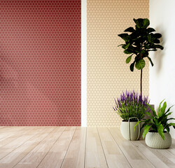 Living room interior corner with houseplants and a wall lined with hexagonal terracotta and beige...
