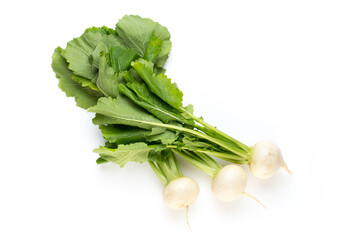 Fresh white round turnip radish on white background.