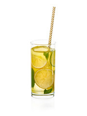 Fresh homemade lemonade with mint and straw in iced glass on white background
