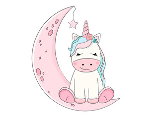 Cute unicorn sitting on the moon. Vector illustration.