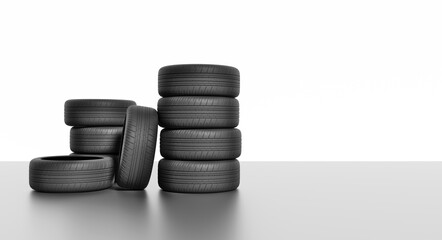 Fototapeta na wymiar 3d illustration for Tires advertising. stack of tires isolated on white background. empty space for text and logo