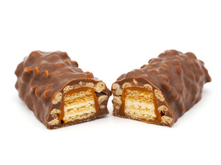 Crispy chocolate bar isolated on white background