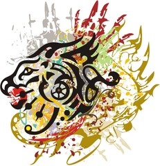 Splattered growling dragon head symbol. An abstract dragon head with colored decorative splashes on a white background for prints, tattoos, textiles, wallpaper, etc.