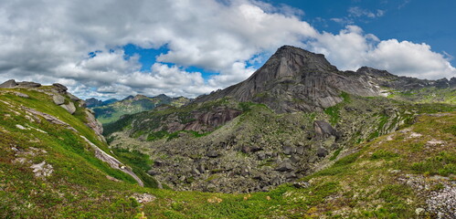 Russia. South of the Krasnoyarsk territory, Eastern Sayans. All the passes of the natural mountain Park "Ergaki" are covered with huge stones that fall from the collapsing mountain peaks.