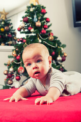 Adorable baby boy crawling beside christmass tree. Concept of celebrations