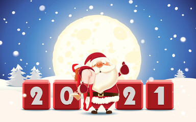 Santa Claus carries a drunk Santa Girl over her shoulder in a winter surroundings,vector illustration for holiday greeting