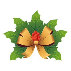 christmas golden bow with leafs decorative vector illustration design