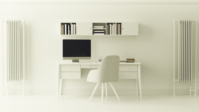 Pure White Contemporary Home Office Setup Interior Design 3d illustration render 