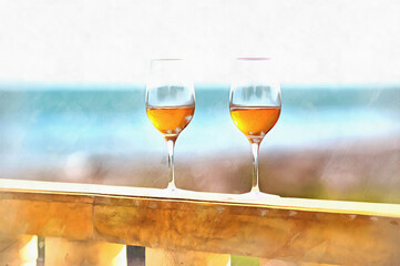 Beautiful scene with wine glasses standing alone on natural sky and seashore background
