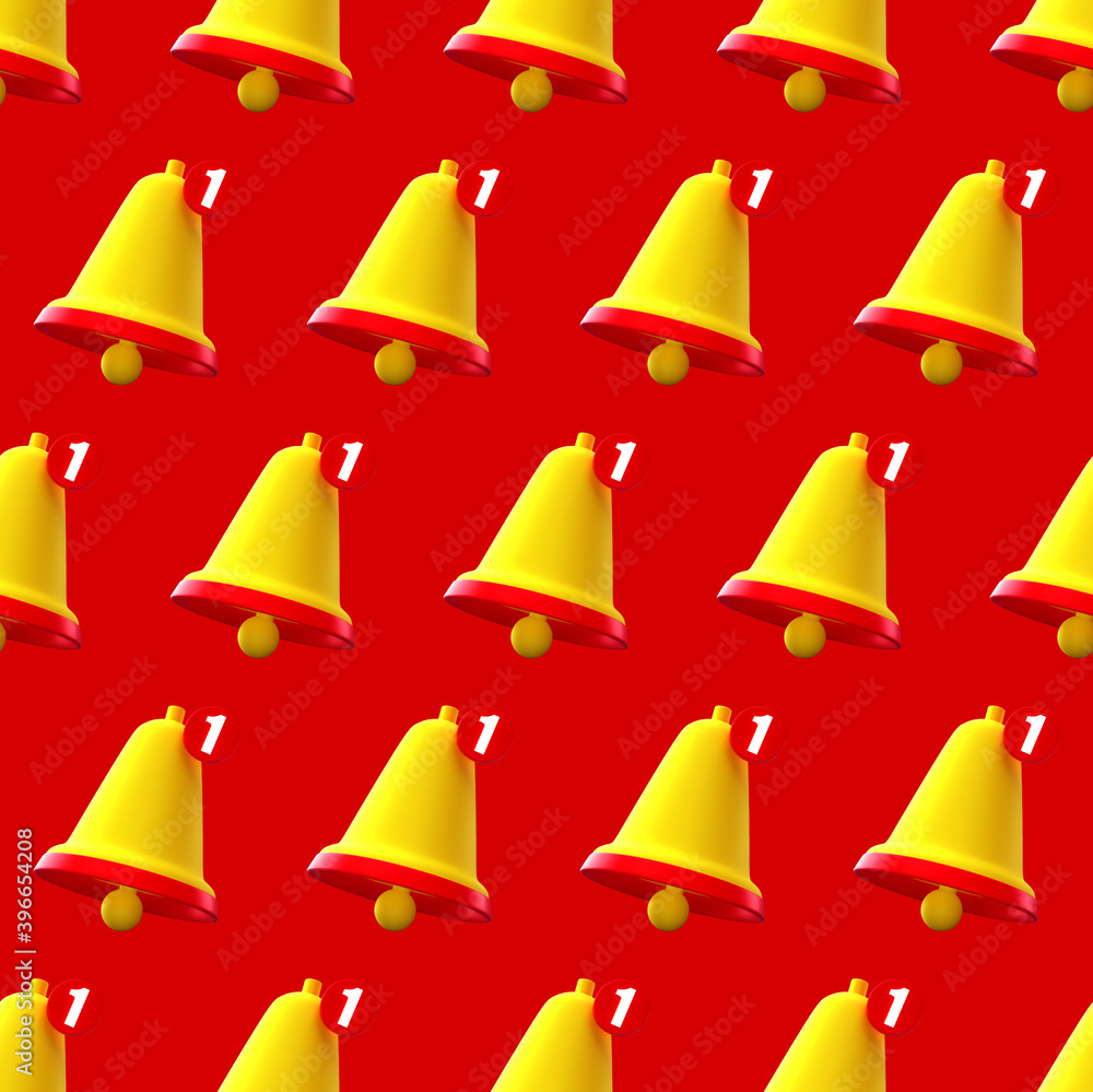 Poster notification bell seamless pattern creative concept. cartoon minimal orange ringing bells on red bac