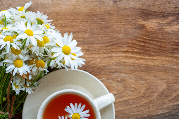 Obraz na płótnie Canvas herbal chamomile tea and daisy flowers. doctor treatment and prevention of immune concept, medicine - folk, alternative, complementary, traditional medicine
